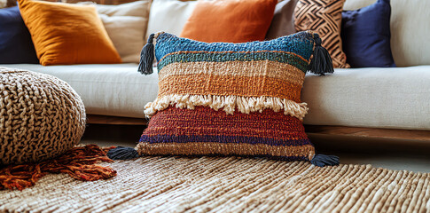 Cushion on Sofa with Colorful Woven Texture