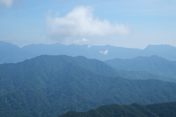 Obraz premium Vietnam Danang Misty mountains and lush forest view from Ba Na Hills near Da Nang Vietnam panoramic scenic landscape with clouds fog and tropical greenery.