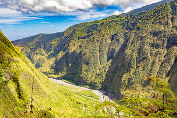 Mafate Circus Galets river and mountains in Reunion Island in Indian Ocean