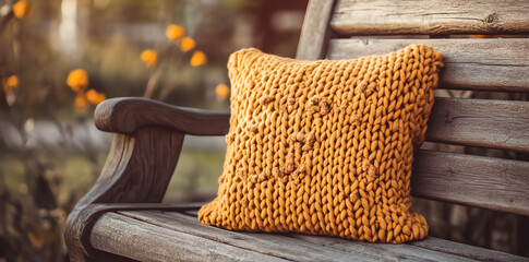 Padded Orange Knit Pillow on Wooden Bench