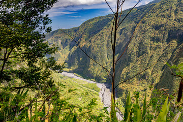 Mafate Circus Galets river and mountains in Reunion Island in Indian Ocean