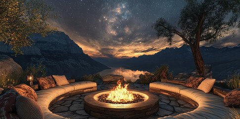 Night Campfire Terrace Over Lake with Mountains