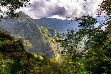 Mafate Circus Galets river and mountains in Reunion Island in Indian Ocean