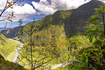 Mafate Circus Galets river and mountains in Reunion Island in Indian Ocean