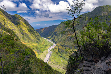 Mafate Circus Galets river and mountains in Reunion Island in Indian Ocean