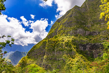 Mafate Circus Galets river and mountains in Reunion Island in Indian Ocean