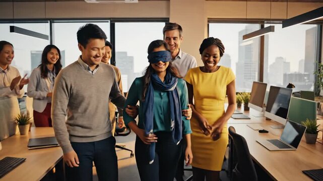 Office team building activity with blindfolded woman walking with colleagues.