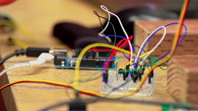 Electronic circuit being prototyped on a solderless breadboard, AI computer project
