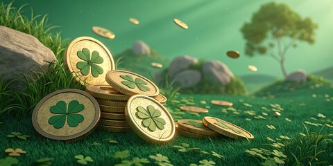 Gold coins with shamrock clover symbol floating on green background lucky wealth concept.