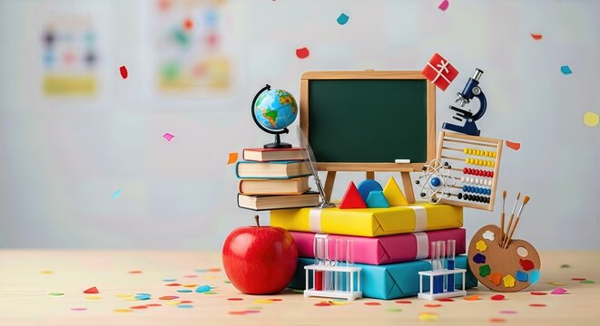 Celebratory school supplies, festive confetti, an apple, books, globe, blackboard, microscope, abacus, and art palette represent a joyful celebration of learning and educators.