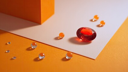 Gems, cube, spheres cast shadows on peachy and orange planes