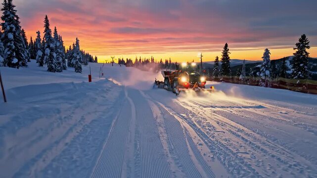 Snow Groomer Preparing Ski Slope at Sunrise