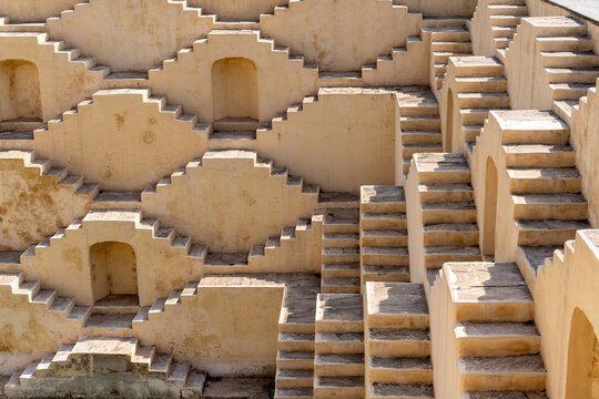 Intricate stepwell architecture in India temple