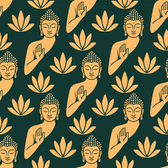 Gold Buddha and lotus seamless vector pattern on dark green background