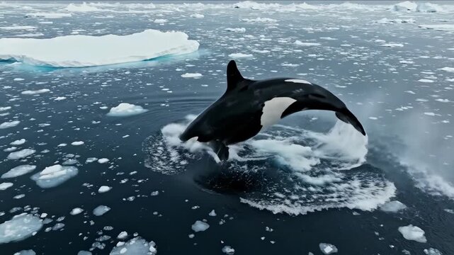 Orca whale breaching the surface of the icy ocean water in Antarctica.