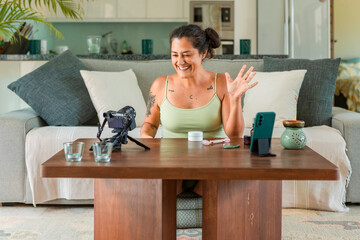 Skincare video tutorial in a cozy home setting