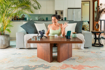 Content creator filming a skincare tutorial at home