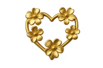 Golden heart frame decorating with flowers on transparent background