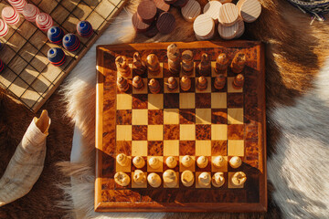 Chessboard and vintage game pieces on fur