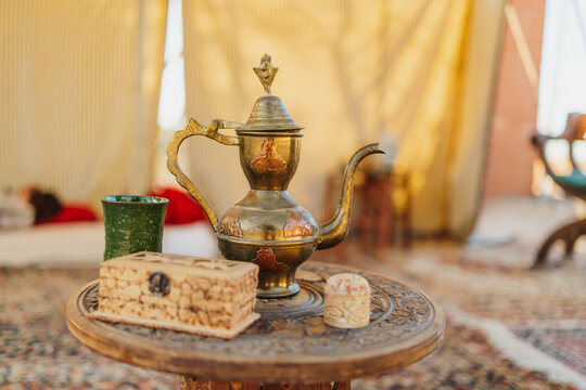 Intricate medieval table setting with vintage items