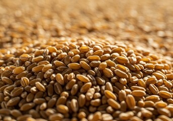 Obraz premium Abundant pile of shiny, freshly harvested wheat kernels under brilliant sunlight, symbolizing agricultural prosperity and nutrition, pile, shiny, sunlit