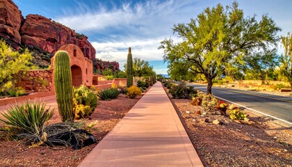 A sunlit pedestrian walkway winds through a desert landscape, bordered by cacti, shrubs, and a paved road. In the distance, large red rock formations are visible