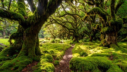 A sunlit trail winds through a vibrant forest, draped in lush green moss. Twisted tree branches create an arched canopy above