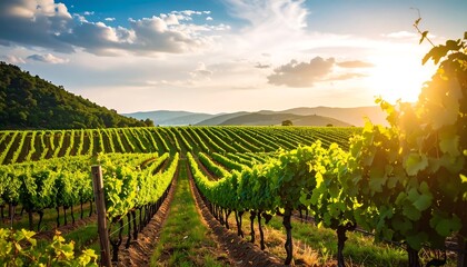 A sunlit vineyard stretches towards rolling hills under a cloudy sky. Rows of grapevines create perspective