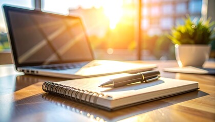 A sunlit workspace showcases an open laptop, a spiral-bound notebook with a pen, and a small potted plant near a large window
