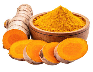 Turmeric root with slices and powder in a wooden bowl