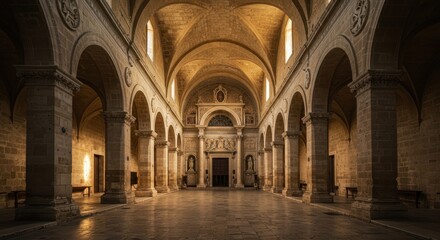 Grand basilica architecture bathed in warm Mediterranean sunlight. Ancient stone arches, towering columns, and classical historic religious design details, religious, culture, massive