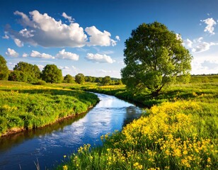 A sunny meadow by a flowing stream