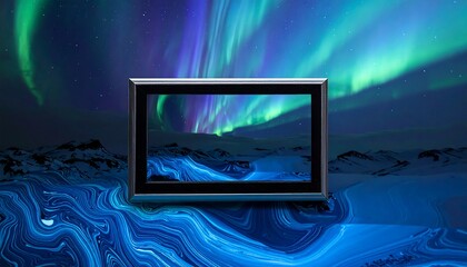 A surreal composition. A framed landscape is placed on a swirling liquid blue surface, framed by vibrant aurora lights