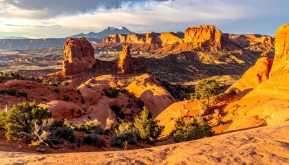 A sweeping vista of rugged sandstone formations under a dramatic sky at sunrise. The landscape displays textures and colors