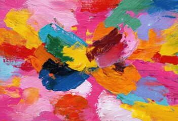 Abstract colorful thick paint strokes in butterfly shape, pink background