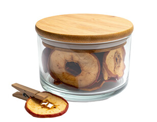 Jarred apple chips. A chip, a clothespin outside jar