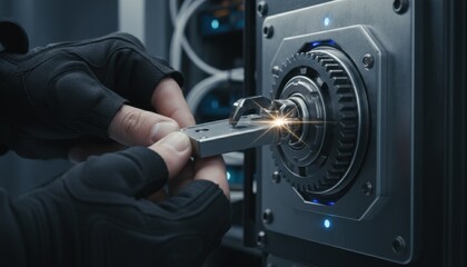 Close up of gloved hands inserting a metallic key into a complex mechanical lock mechanism with glowing blue lights and server racks in the background creating a futuristic industrial aesthetic