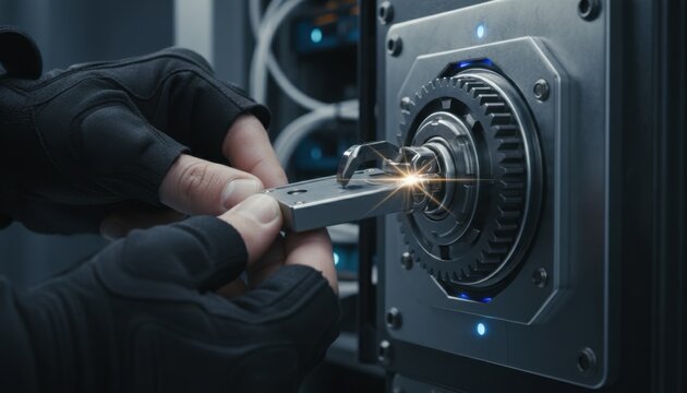 Close up of gloved hands inserting a metallic key into a complex mechanical lock mechanism with glowing blue lights and server racks in the background creating a futuristic industrial aesthetic - Powered by Adobe