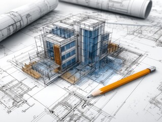 Building sketch with pencil on blueprint
