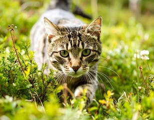 A tabby cat prowls through vibrant greenery