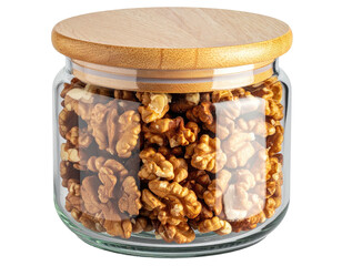 Walnuts filled a glass jar with a wooden lid