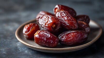 Obraz premium Premium Ramadan still life featuring glossy dates on a dark background with soft warm lighting and generous copy space. Ideal for fasting, iftar, and Islamic holiday concepts.