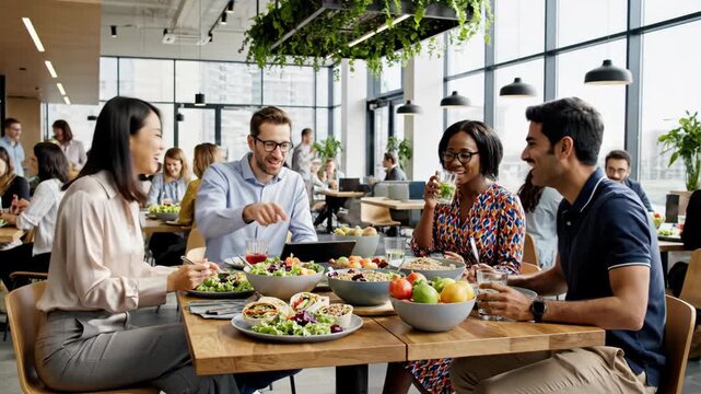 People enjoying a meal together at a modern restaurant during lunch break.