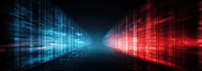 Hallway with blue and red lit abstract patterns on either side