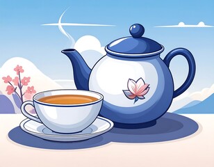 A teacup and teapot on a table, with a scenic background