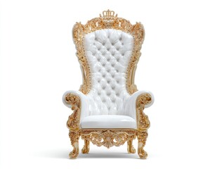 Fototapeta premium Ornate white and gold throne chair with crown detail on white background