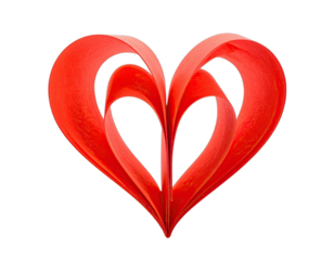 A stylized heart, composed of layered, curved red elements, against a black background