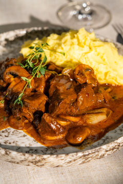 Beef bourguignon with mashed potatoes