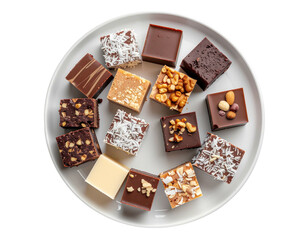 Fudge squares, assorted toppings on white plate