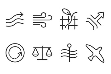 Drifting Alignment Icons. Line style icons of drifting alignment: motion path indicator, air current tracker, seed trajectory grid